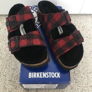 Birkenstock Arizona Shearling Sandal Red Plaid